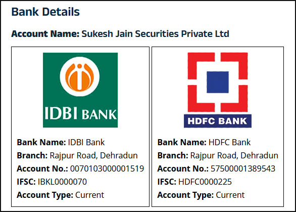 Bank account details for Sukesh Jain Securities fund transfer